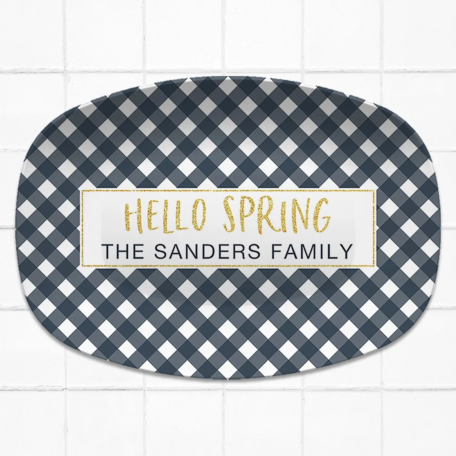 Spring Gingham Personalized Platter | Mint - Navy - Pink - Yellow