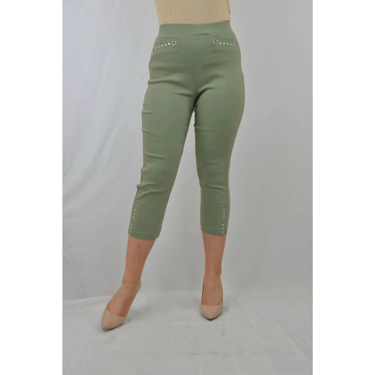 Stud Diamante Bengal Cropped Trouser - Green