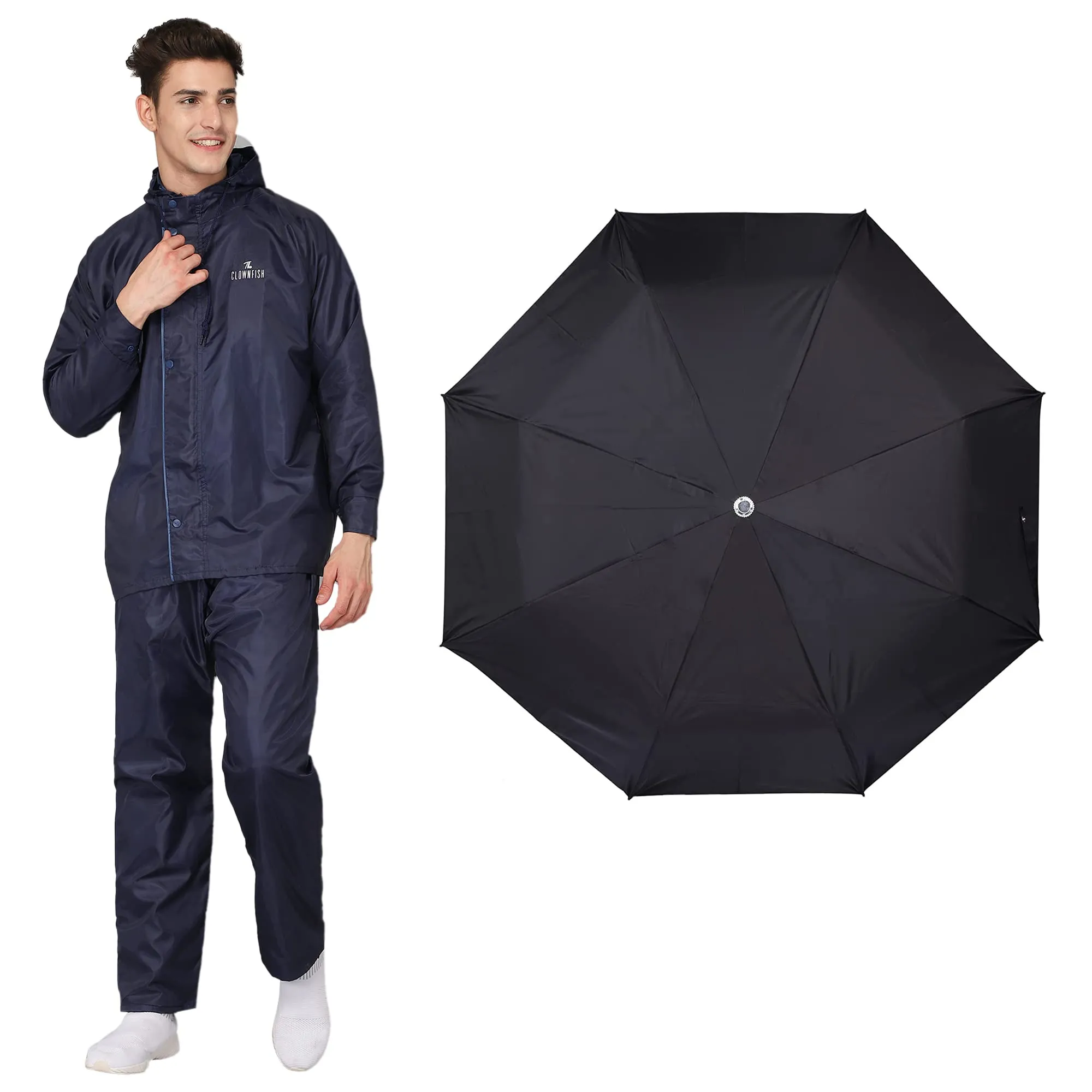 THE CLOWNFISH Combo Of Rain Coat for Men Waterproof Polyester (Blue L) Umbrella Savior Series 3 Fold Waterproof Polyester (Black)