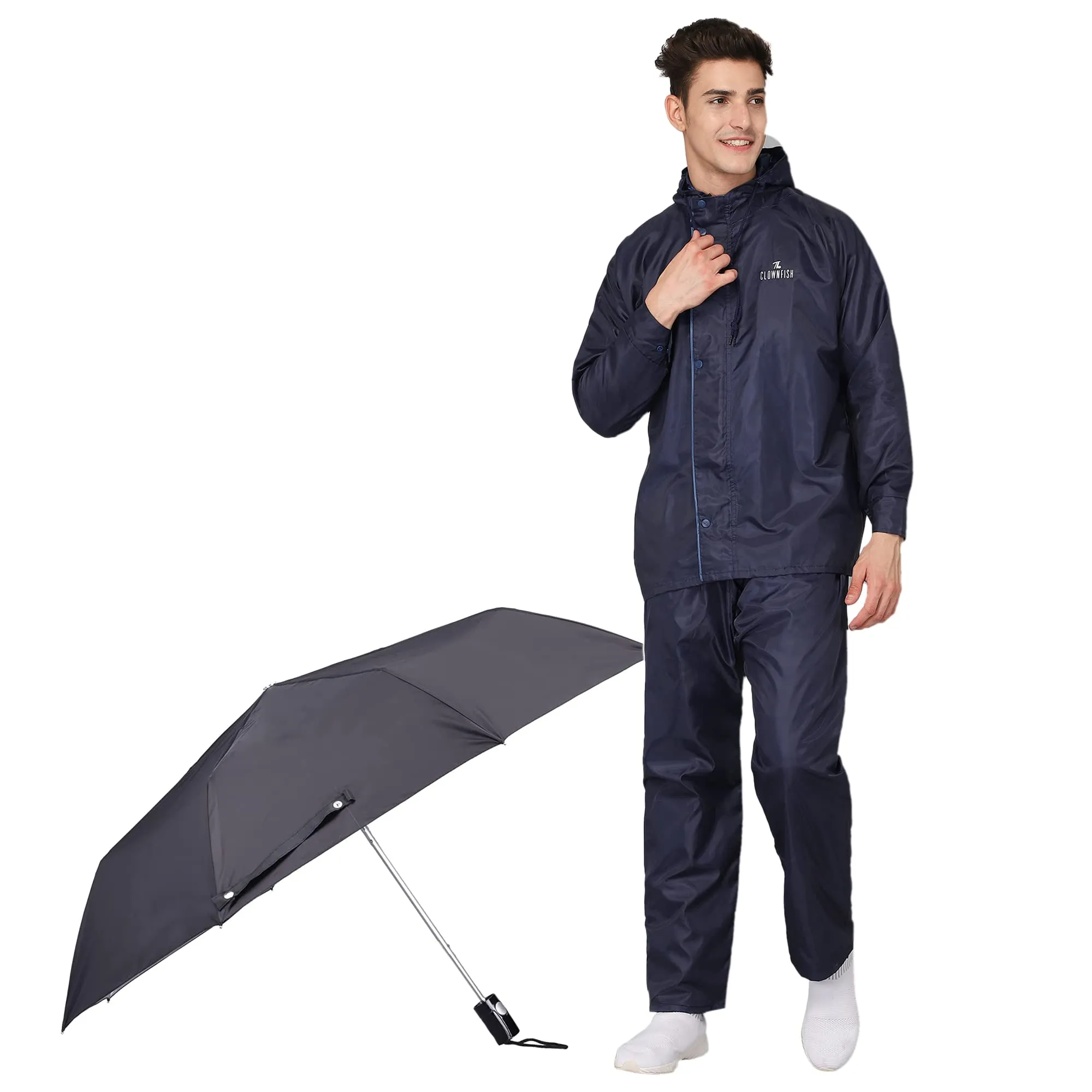 THE CLOWNFISH Combo Of Rain Coat for Men Waterproof Polyester (Blue L) Umbrella Savior Series 3 Fold Waterproof Polyester (Black)