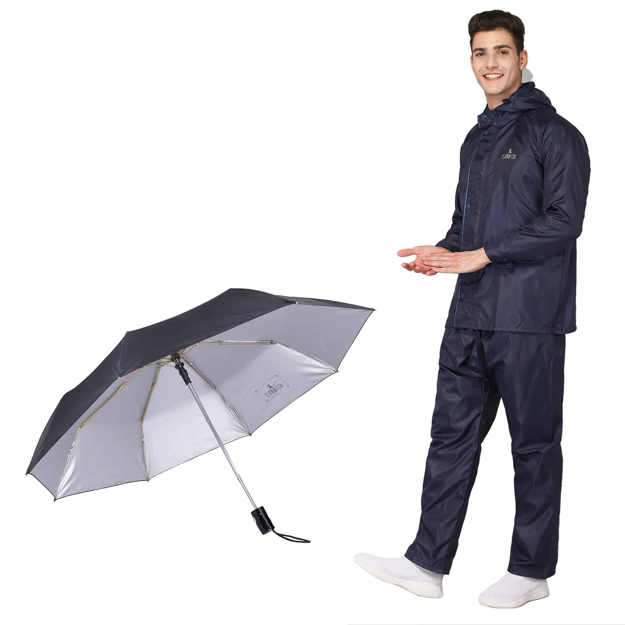 THE CLOWNFISH Combo Of Rain Coat for Men Waterproof Polyester (Blue L) Umbrella Savior Series 3 Fold Waterproof Polyester (Black)