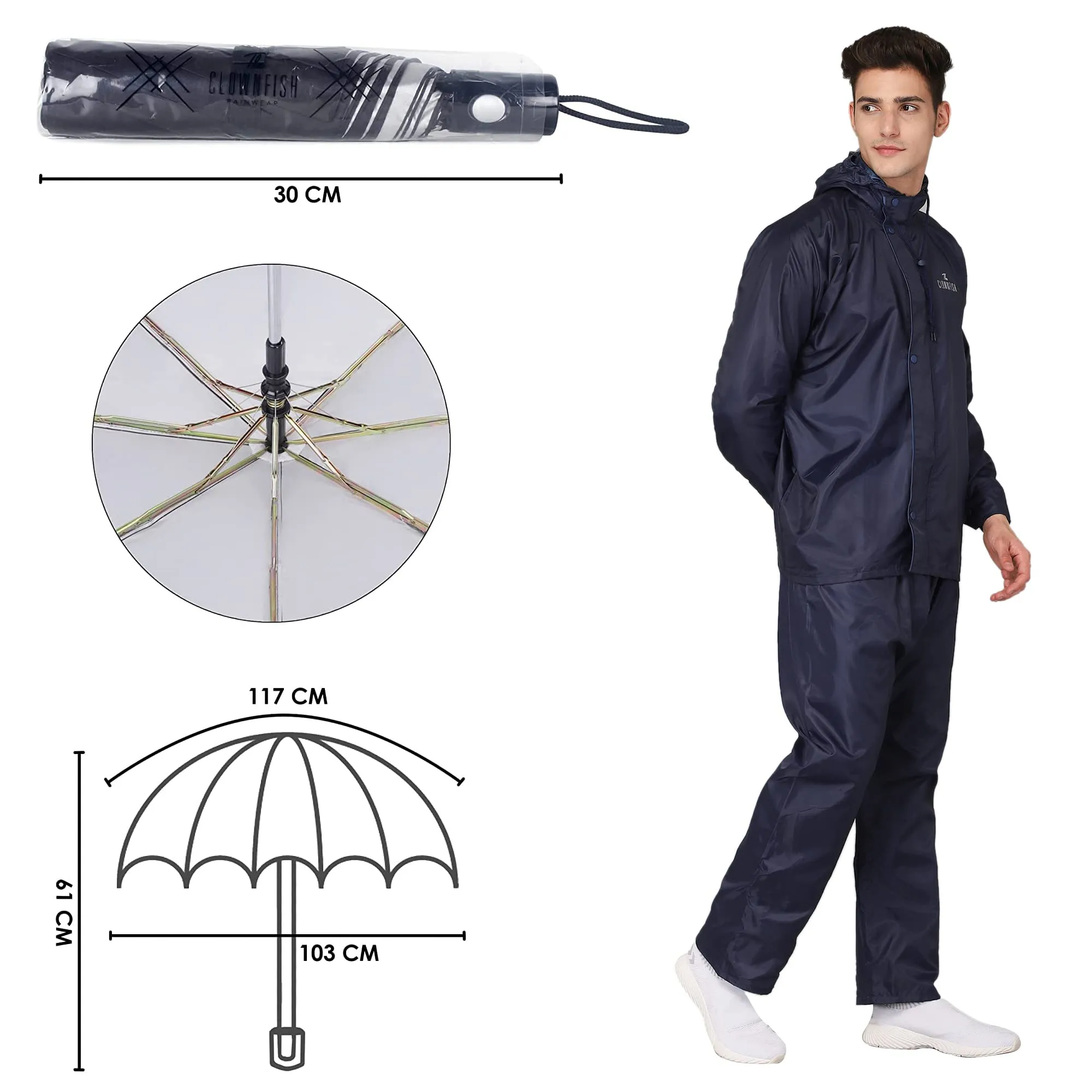 THE CLOWNFISH Combo Of Rain Coat for Men Waterproof Polyester (Blue L) Umbrella Savior Series 3 Fold Waterproof Polyester (Black)