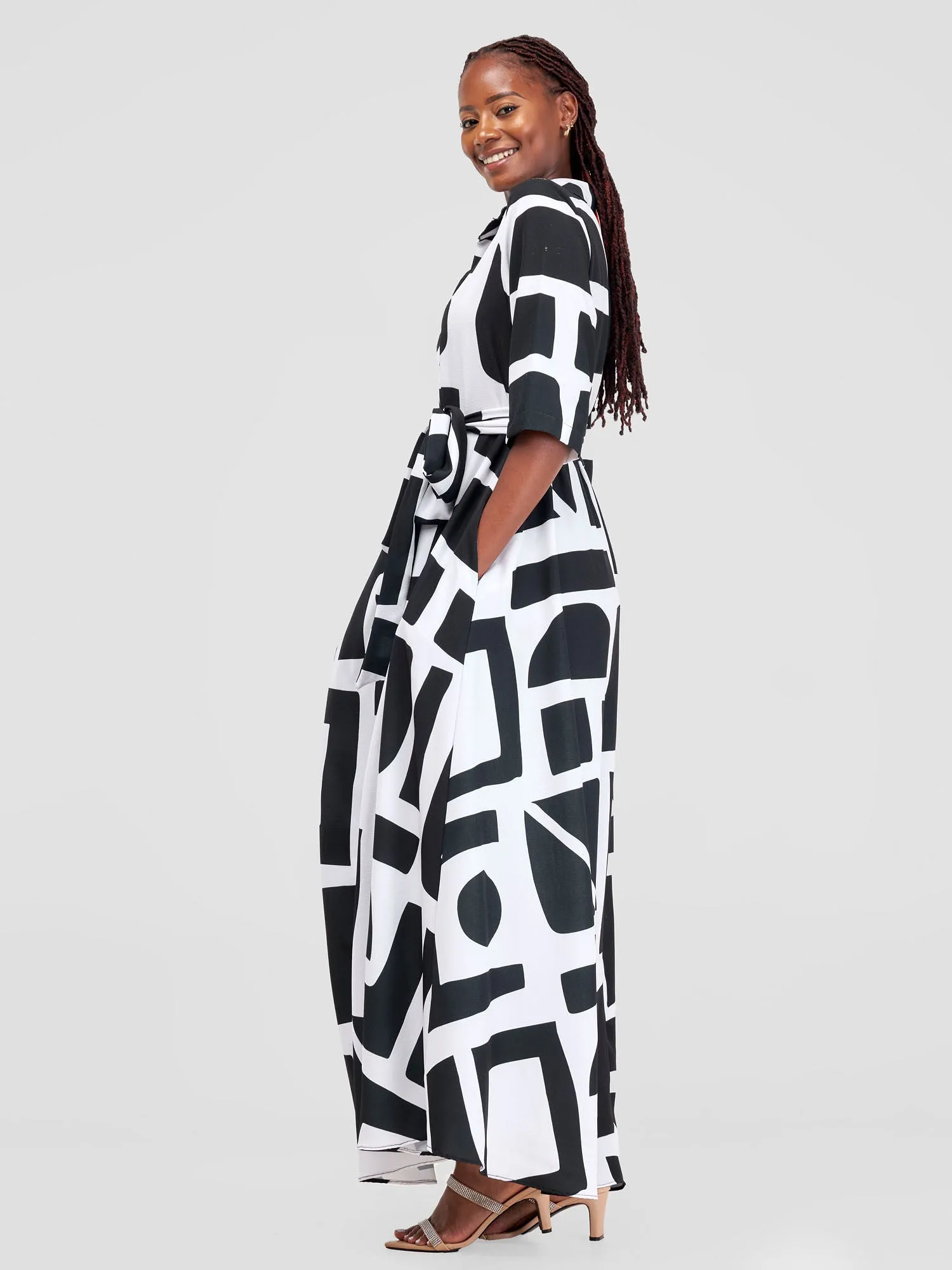 Vivo Yumi Maxi Shirt Dress - Black / White Meza Print