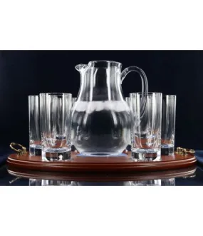 Water Jug And Six Highball Glasses on a Wooden Tray Set Engraved - J61e