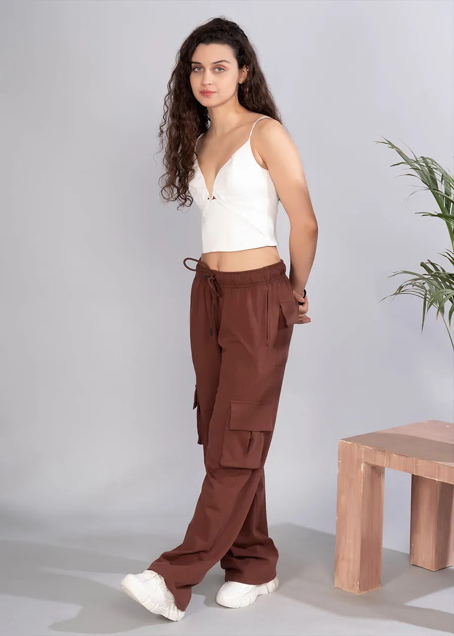 Women Premium Terry Cargo Pants - Cocoa