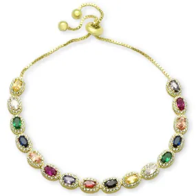 Yellow Gold Plated Oval Multicolor Gemstones CZ .925 Sterling Silver 7-9"  Toggle Bolo Bracelet